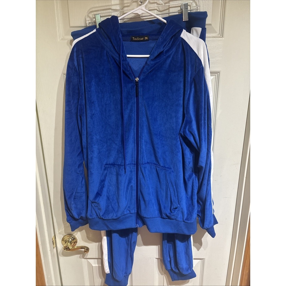 Tracksuit Royal Blue Velour Set 2XL Hoodie And Pants With Stripe